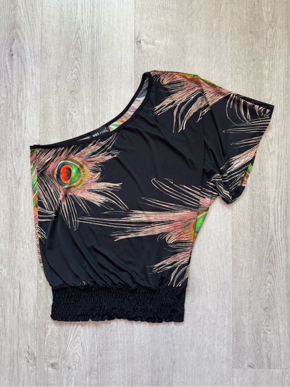 Wet Seal Black One-Shoulder Top with Peacock Feather Print